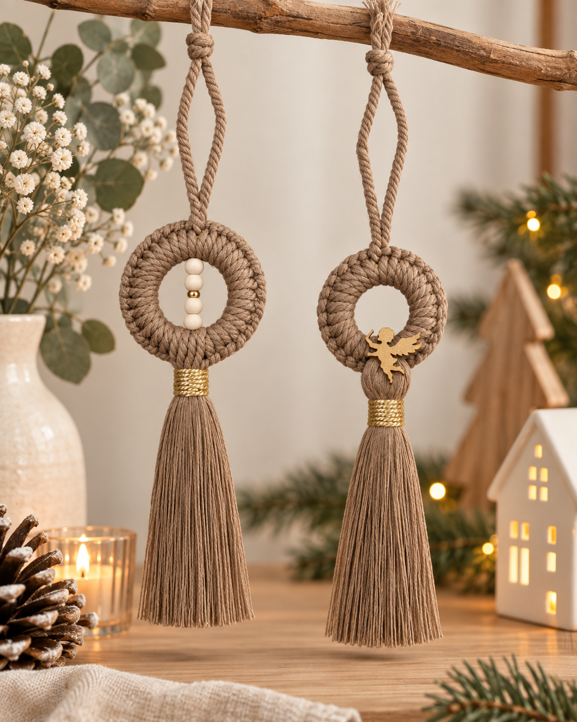 Duo suspensions macramé beige – Déco bohème