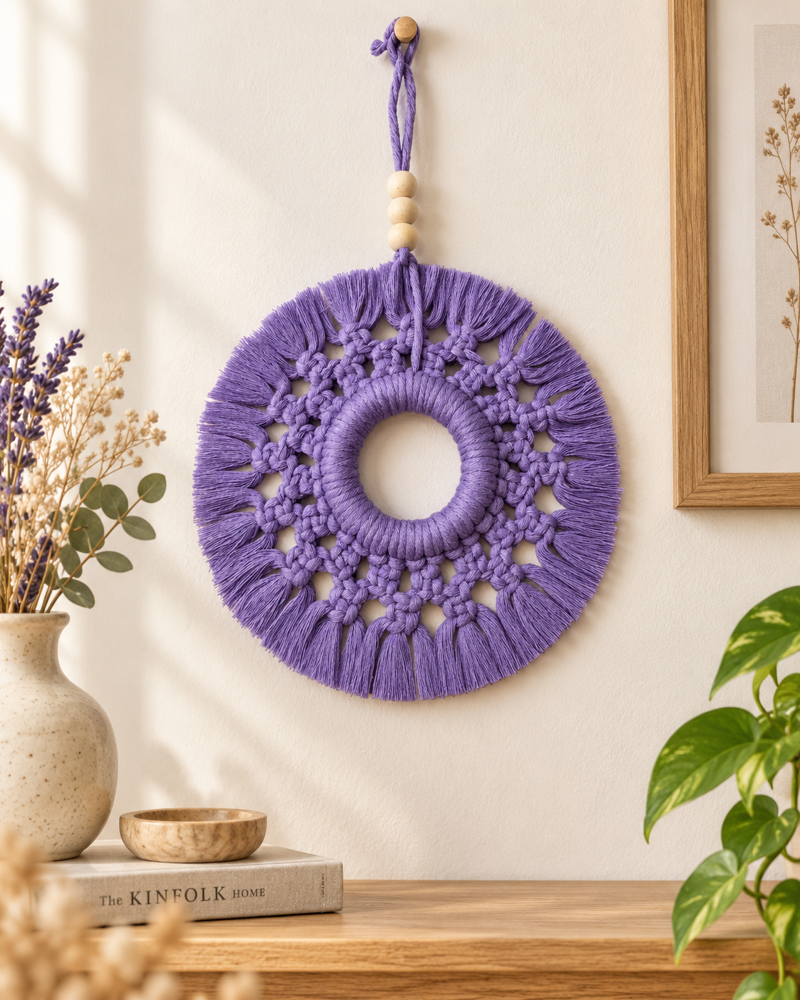 Suspension murale macramé violette 18 cm – Déco bohème