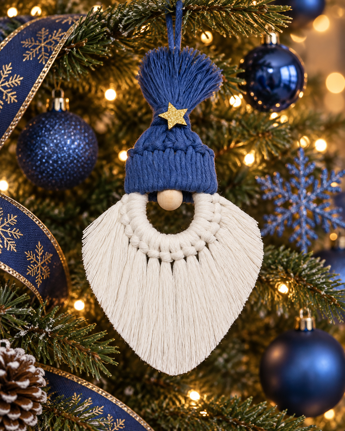 Père Noël bleu en macramé – 21 cm