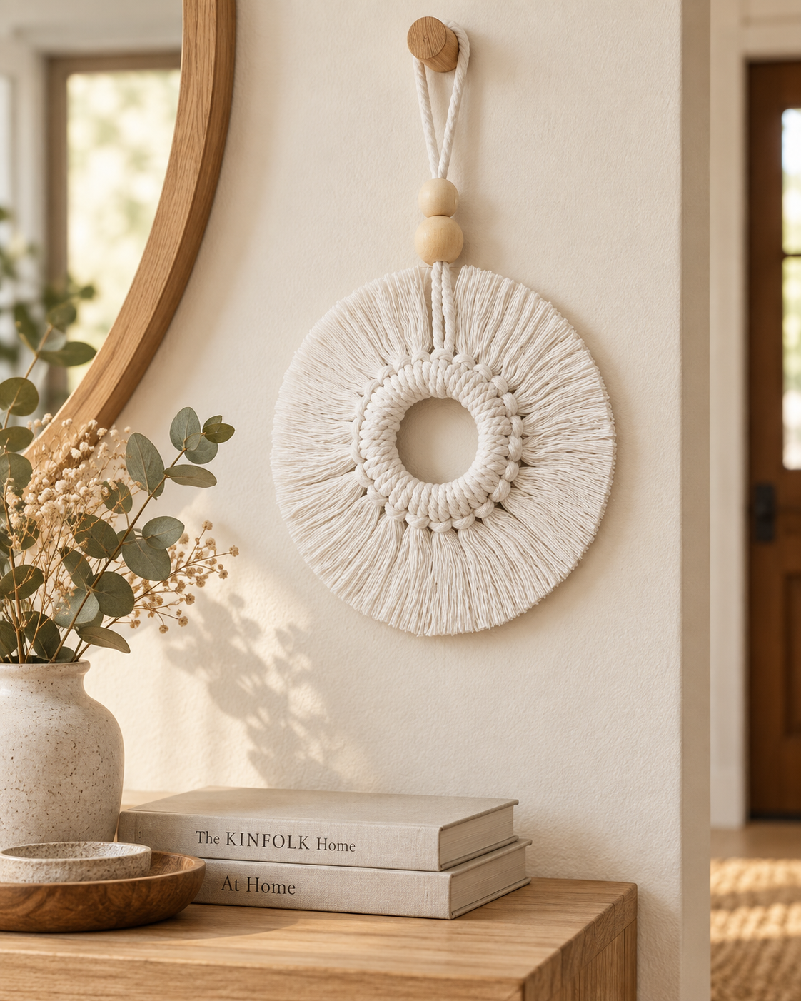 Rosace macramé blanche – Décoration murale bohème – 14 cm