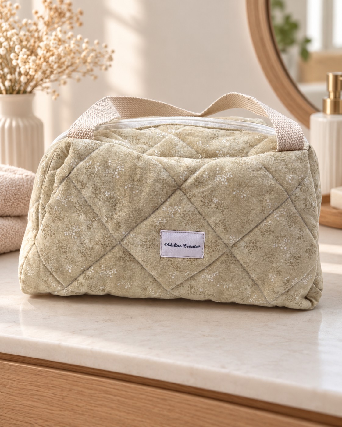 Vanity matelassé beige fleuri grand format
