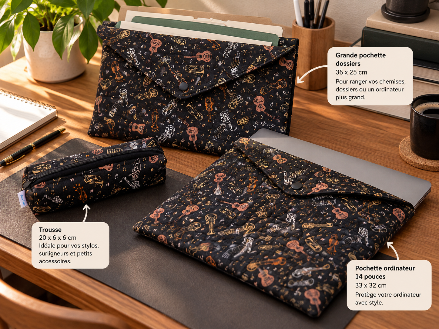 Pochette Ordinateur et Documents Matelassée – Motif Instruments de Musique